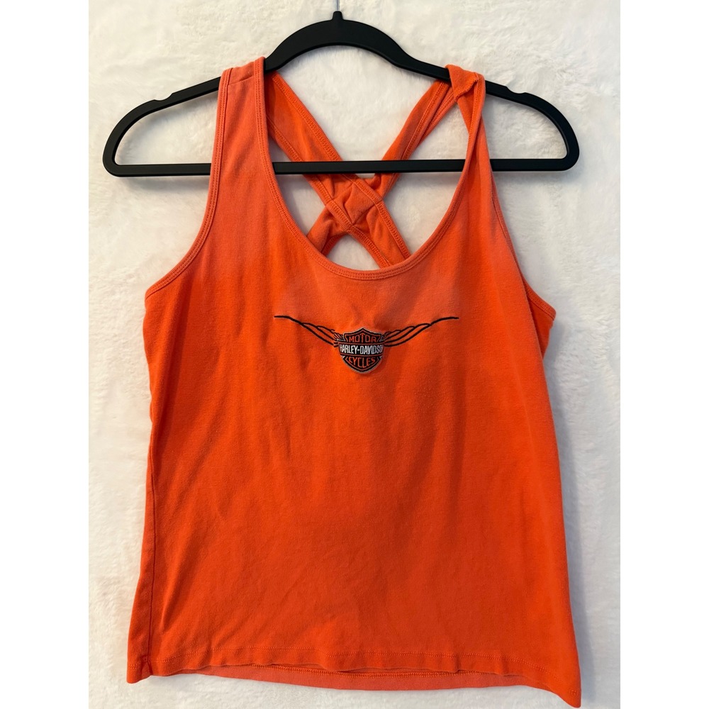 Harley-Davidson Orange Embroidered Logo Crossover Racerback Tank Top Womens XL